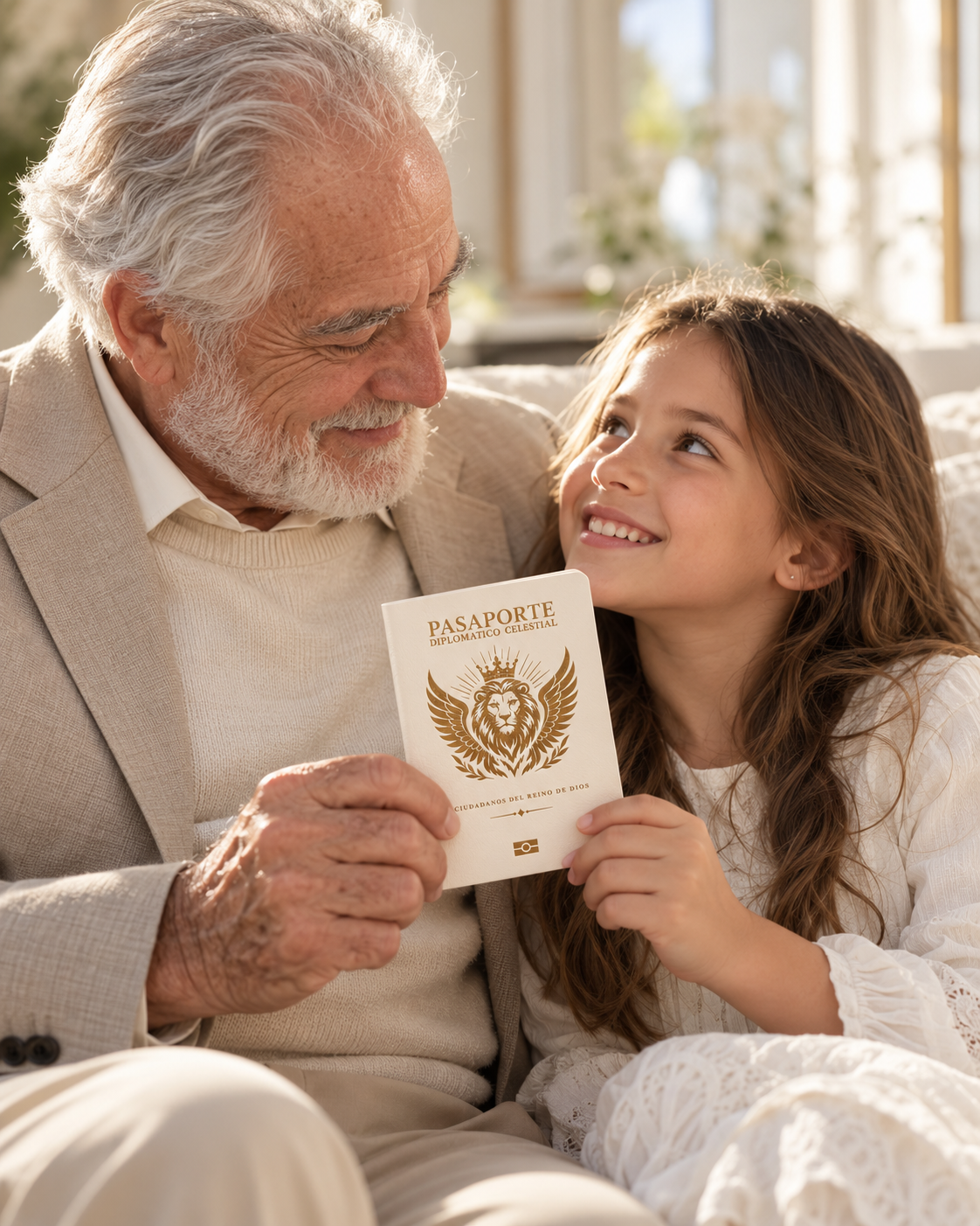 Un abuelo y su nieta con el Pasaporte Diplomático Celestial