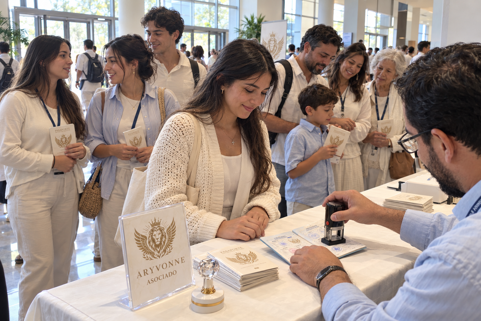Personas con sus pasaportes reciben sellos durante un encuentro ARYVONNE.