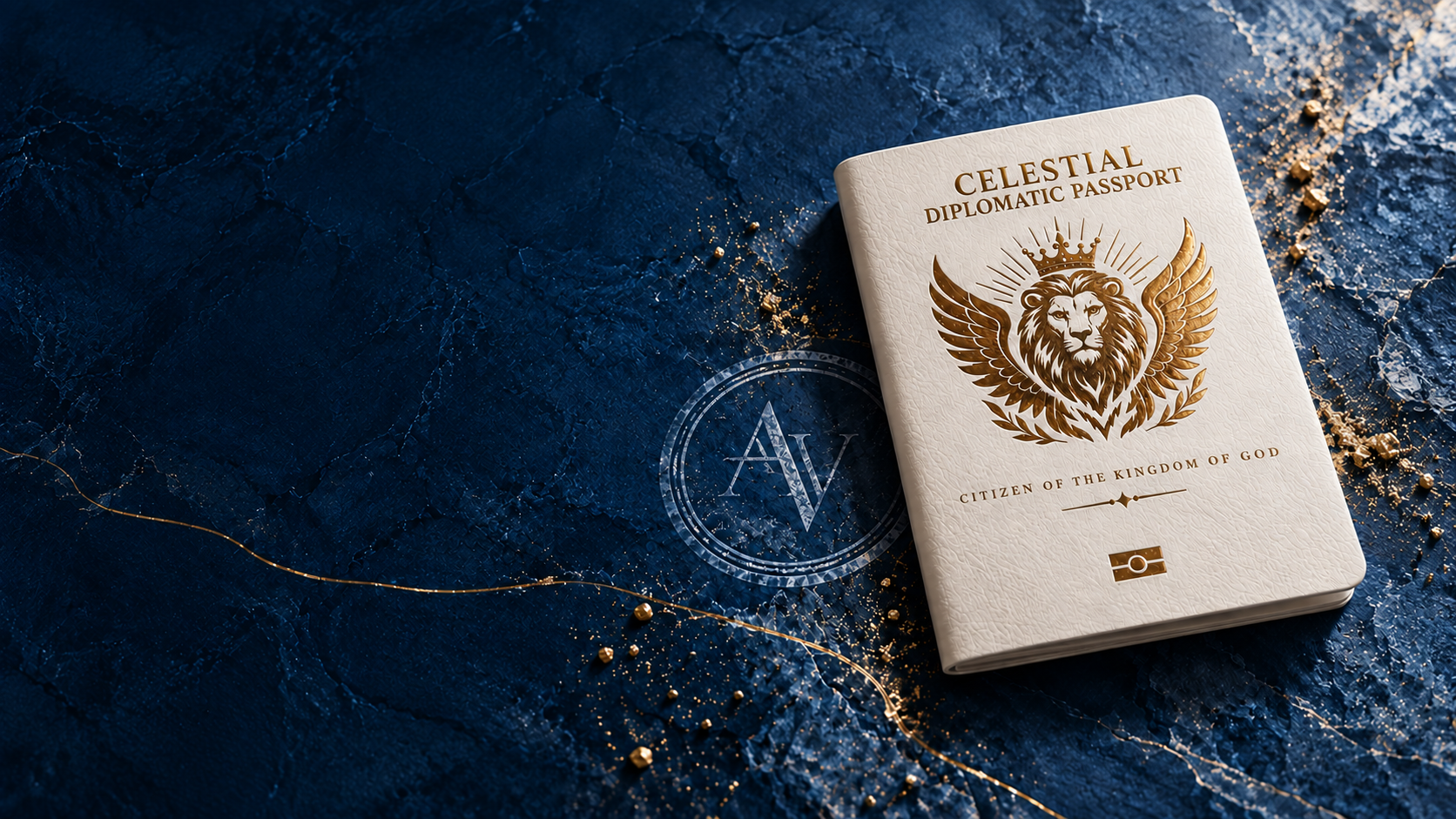Pasaporte Diplomático Celestial ARYVONNE blanco con detalles dorados, sobre una superficie azul profunda.