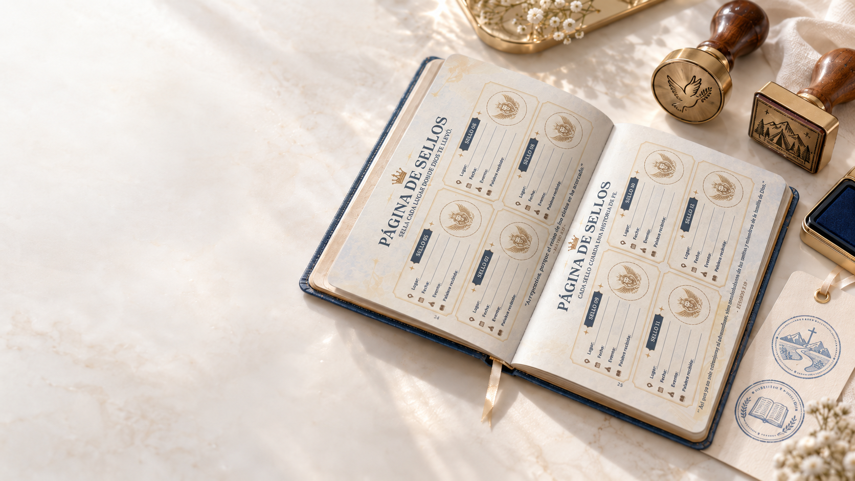 Pasaporte Diplomático Celestial abierto en sus páginas de sellos, junto a timbres de madera.