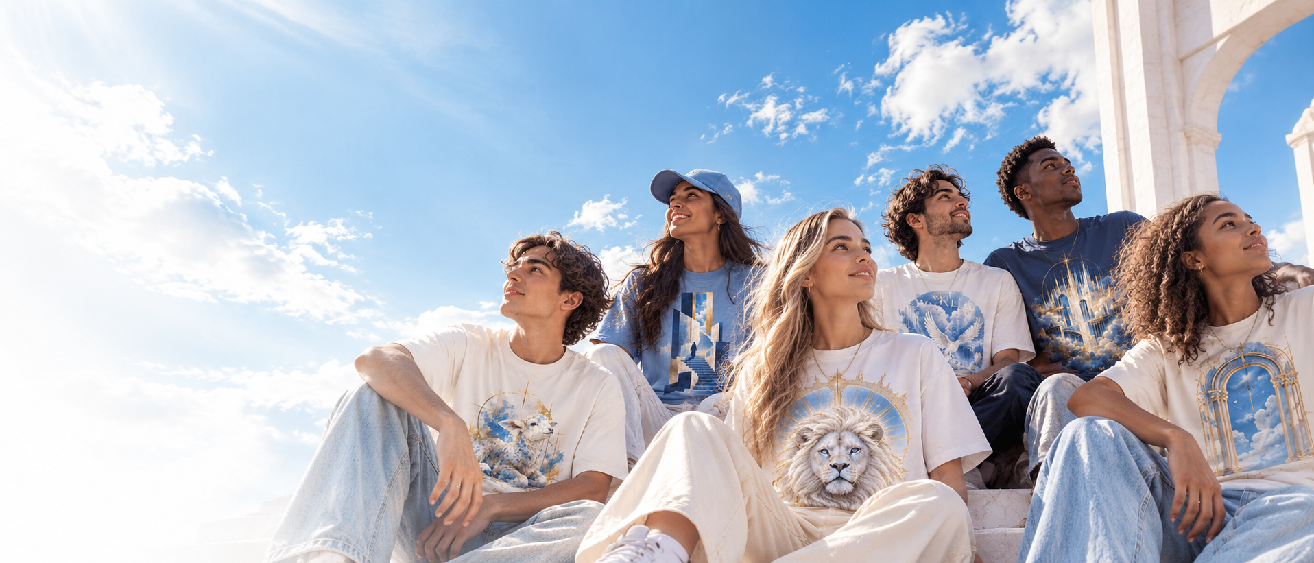 Un grupo de jóvenes con prendas ARYVONNE bajo un cielo luminoso