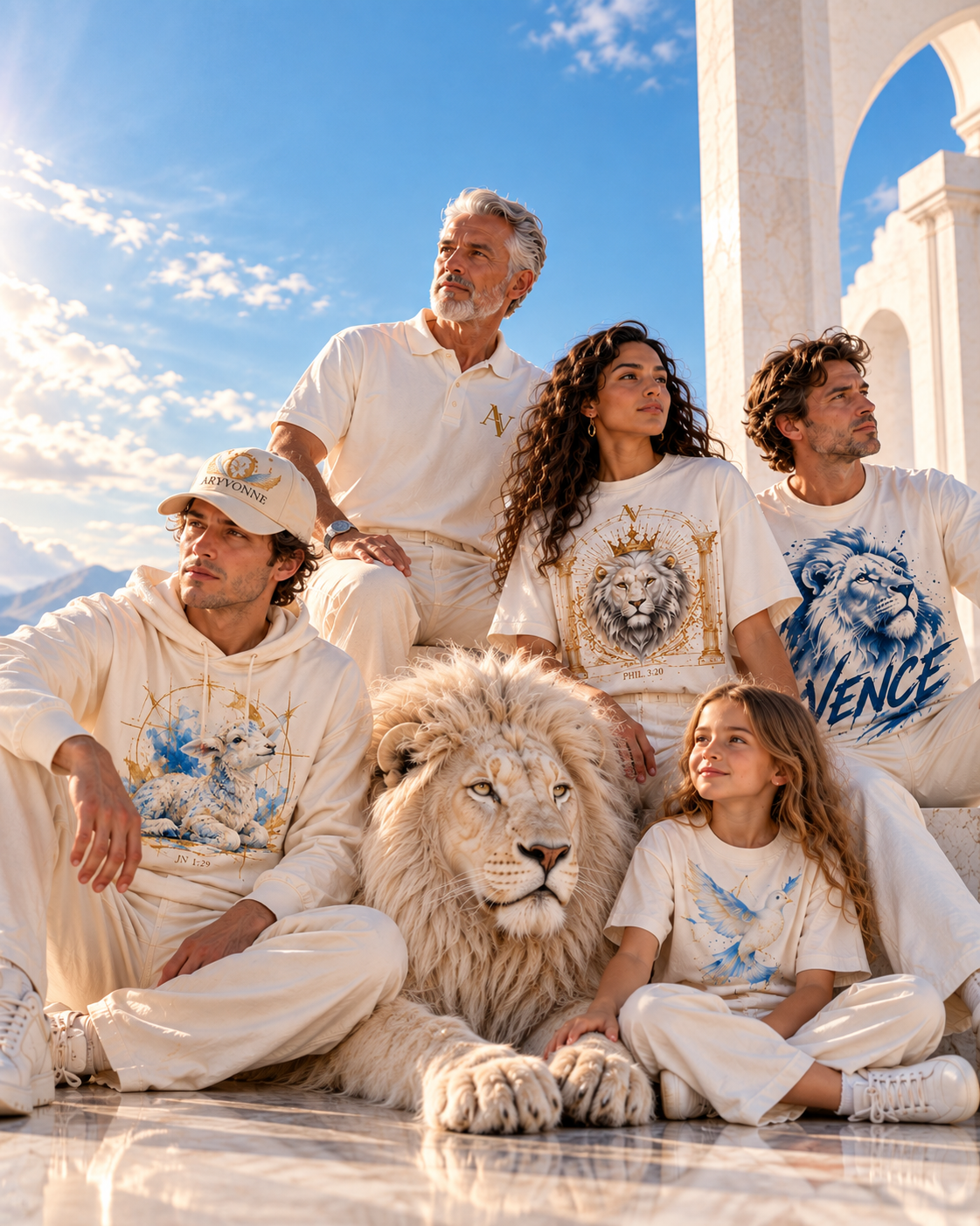 Grupo con prendas ARYVONNE junto a un león blanco