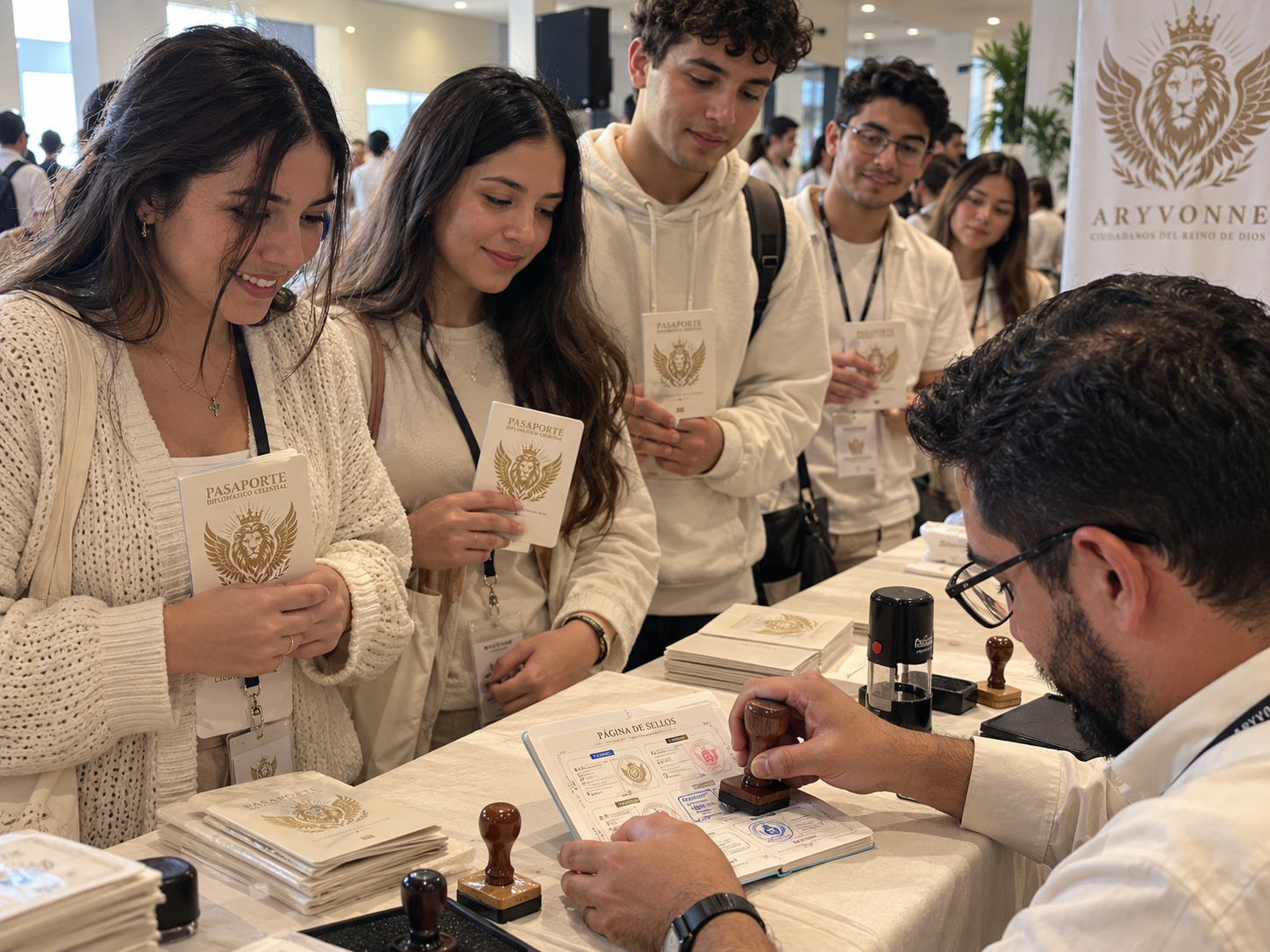 Jóvenes con sus Pasaportes ARYVONNE mientras se sella un pasaporte