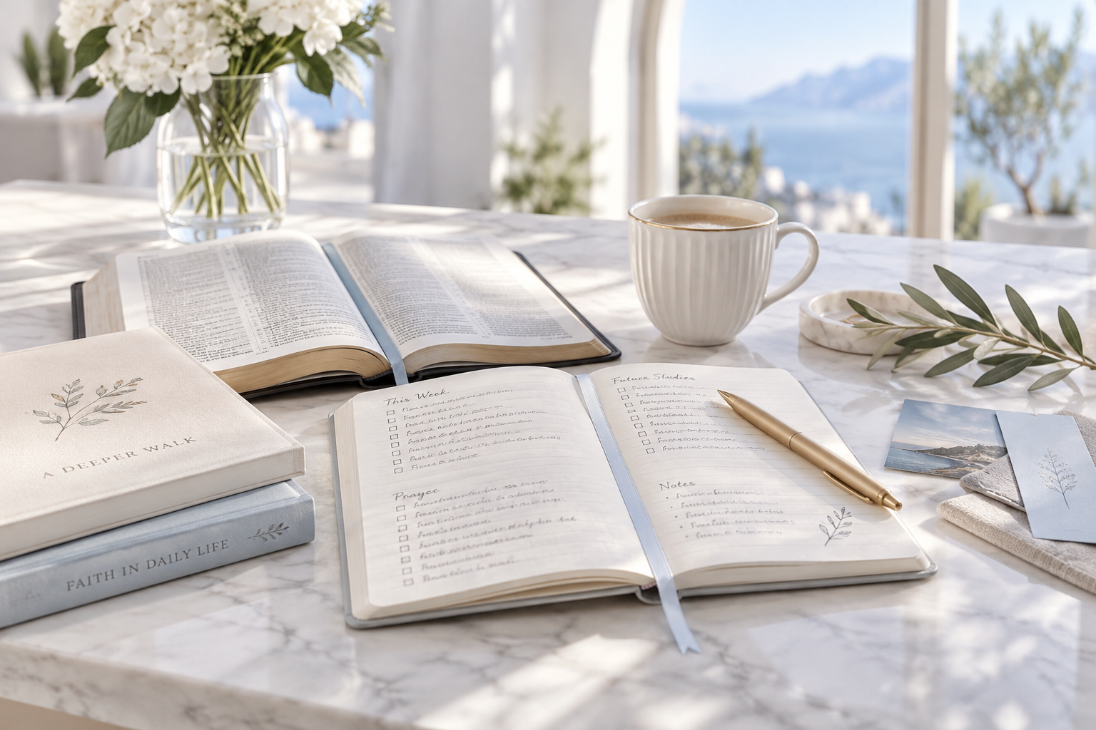 Biblia, cuaderno y materiales para crear nuevos recursos